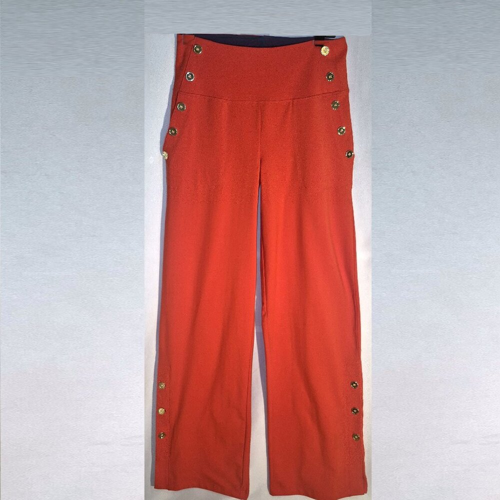 Woman with Control Red stretch pants with gold buttons in size XS-Tall